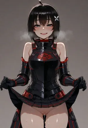 (Ratatatat74), (maple from bofuri, petite, happy, armor), solo, skirt lift, dripping cum, simple background, <lora:ratatatat74-000050:2>