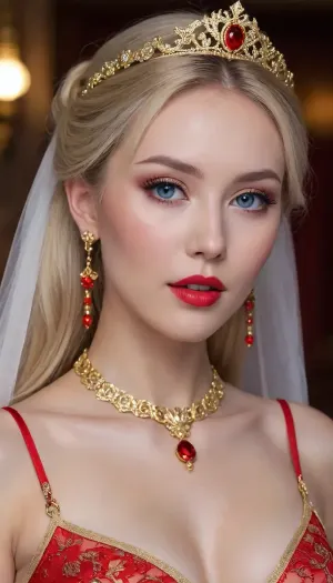 (Sexy Sweet Tempting young Woman), nordic, Professional sexy seduction posesmodel, Sexy supermodel, ultra realistic, 8k resolution, ultra detailed, instagram model, professional photography, (Sexy Chinese style, Classic Wedding outfit, Sexy EROTIC Cosplay), luxurious ash blond hair, Blue eyes, flashy makeup, Sexy lips, Exquisite earrings, Exquisite necklace pendant, Exquisite Gold Accessories, ((Red, with Gold Accessories, Sexy Erotic, See Through, Sexy Classic Wedding outfit)), stockings, pale skin, natural big round breasts, smirk, flirty, bashful, seductive, lusty, playful, Healthy slim body, Tall, very long legs, hourglass figure, mini waist, Sweet face, perfect face, lifelike face, real face, very beautiful face, detailed face