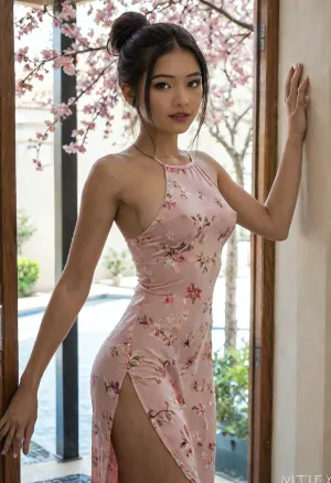 Closeup side view of an Asian woman standing beside the glass entrance doors of a luxury hotel, sexy dynamic pose, she is a beautiful slim lady with long straight black hair, slim body, large perky breasts, long slender legs, suntan, wearing a pink floral dress decorated with cherry blossoms, showing a lot of side boob, erect nipples under her clothes, dark, skin, braless, Wearing, clothes, that, make, sense, with, Braless>, (3/4 view from the side:.9), <lora:Detailed_female_hands-000001:2>, <lora:Darker_skin_SDXL:.8>, <lora:bralessSDXL_v1_00022:2>, <lora:Sideboob_XL:2>