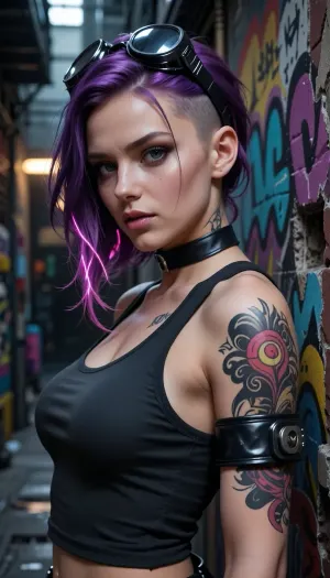 Hyper-realistic digital illustration, tight side-profile composition, captivating young woman embodying a gritty cyberpunk punk aesthetic, looking directly into the lens with a resolute and piercing gaze, intense expressive eyes, pale porcelain skin, vibrant purple hair styled in an asymmetrical messy way, shaved undercut on one side, contrasting streaks of electric hot pink weaving through the layers, black industrial goggles perched atop her head, form-fitting charcoal black tank top, ample emphasis on a feminine silhouette, skin adorned with professional, modern high-contrast colorwork tattoos wrapping around her arm, plain black leather choker, matching heavy matte leather cuff bracelet, confident defiant posture, exuding an aura of rebellious individuality, setting is a urban alleyway, walls layered in vivid chaotic graffiti art, neon splatters, urban decay, depth of field blurring the gritty look, dramatic cinematic lighting, sharp focus, ultra-high resolution, 8k, hyper-detailed fabric textures, vibrant color grading, moody atmosphere. Digital artwork masterpiece., ((3D)), CGI, (Borderlands:1.25), Borderlands Style Artwork, 3D Cell Shading, Comic-Style Outlines, Fine Details, (AAA Game Style:1.3), (Unreal Engine 5 Rendering:1.25), (Cinematic Realism:1.25), Photorealistic Textures