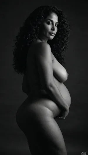 dark background, 40 year old woman silhouette, Latina milf, slim thick, curvy, long curly hair, medium natural sagging breasts, wide hips, slim waist, love handles, saggy belly, stretch marks, cellulite, wrinkled skin, skin imperfections, pubic hair, very sexy poses, perfect nude body, monochrome, realistic, 4k, high quality, art. Fupa. Big ass. Circle ass