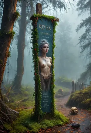 (Dark Cursed Fantasy Artwork), (smooth rendering and vibrant colors), outdoor, artistic, low angle, (sign, KTA:2), a 100-yo cursed forest hag emerges from a curtain of thick hanging moss, her form is a grotesque fusion of anatomy and nature, her skin resembling cracked gray bark from which tiny mushrooms sprout, she wears a garment of living cobwebs and dried peat, her face is a map of ancient malice, eyes like swirling mists, teeth of polished obsidian, slender gray-skinned claws clutch a staff of blackened rowan wood topped by an ancient skull, in the background a mist-shrouded primeval forest stretches out, ghostly dust-filled shafts of light, /KlTTY-ART/, <lora:COMFYUI_mimic_landscape_-_XL_SDXL v2.0:.1>, <lora:attractive_notrigger:.1>, <lora:MJ52:.1>, <lora:flat_chested_v3.5:.1>