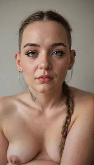 freaky ugly obese granny, (numerous piercings on face:1.6), naked with protruding navel, bald shaved hair with braided black pony tail on top of head