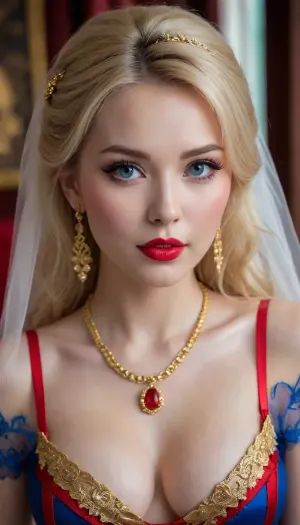 (Sexy Sweet Tempting young Woman), nordic, Professional sexy seduction posesmodel, Sexy supermodel, ultra realistic, 8k resolution, ultra detailed, instagram model, professional photography, (Sexy Chinese style, Classic Wedding outfit, Sexy EROTIC Cosplay), luxurious ash blond hair, Blue eyes, flashy makeup, Sexy lips, Exquisite earrings, Exquisite necklace pendant, Exquisite Gold Accessories, ((Red, with Gold Accessories, Sexy Erotic, See Through, Sexy Wedding outfit)), stockings, pale skin, natural big round breasts, smirk, flirty, bashful, seductive, lusty, playful, Healthy slim body, Tall, very long legs, hourglass figure, mini waist, Sweet face, perfect face, lifelike face, real face, very beautiful face, detailed face