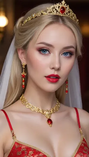 (Sexy Sweet Tempting young Woman), nordic, Professional sexy seduction posesmodel, Sexy supermodel, ultra realistic, 8k resolution, ultra detailed, instagram model, professional photography, (Sexy Chinese style, Classic Wedding outfit, Sexy EROTIC Cosplay), luxurious ash blond hair, Blue eyes, flashy makeup, Sexy lips, Exquisite earrings, Exquisite necklace pendant, Exquisite Gold Accessories, ((Red, with Gold Accessories, Sexy Erotic, See Through, Sexy Classic Wedding outfit)), stockings, pale skin, natural big round breasts, smirk, flirty, bashful, seductive, lusty, playful, Healthy slim body, Tall, very long legs, hourglass figure, mini waist, Sweet face, perfect face, lifelike face, real face, very beautiful face, detailed face