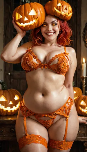 masterpiece, 1girl, solo, red haired, godess, georgeous, big breasts, busty, squeezing, tits, long hair, hourglass, beautiful, nude, naked, squeeze, touching, round ass, golden, sun, window, lingerie, spooktober, magic, pumpkin, costume, Jack O’Lantern, demon, orange, halloween, special