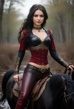 ((steampunk style)), Ultimate realistic, 8k, ultra detailed, masterpiece, medieval fullmoon night background scene, ((steampunk style, beautiful medieval warrior princess, 22yo Lana Ratschuk, mounted riding on a black war horse, she is slighly armoured with sexy small dark red leather breast-armor, midrif, she wears long tight black leatherpants, seductive, smiling, mounted riding on a powerful raven-black stallion, she is racing along a dark swamp path in a wild ride, uncovered long wavy black hair, beautiful brown eyes, beautiful small bell shaped breasts, 22 a-cup breasts, erect nipples, perky tits, tits hard firm:1.5)), beautiful cleavage, ((bare belly:1.8)), ((midriff:1.8)), (the warrior princess wears many highly detailed diamond bracelets and many glittering diamond necklaces around her neck), (three different diamond necklaces:1.2), ((22 a-cups:1.8)), small breasts, small bell shaped breasts, seductive, smiling, full legs, athletic figur, small waist, small tight ass, small tight hips, abs, (hard round ass), slender long legs, (((focus on feet:1.8))), wind are visible. dynamic composition, Expressive and majestic batalistic art, fluxenh4nce, riding, on, a, BJ_Full_Moon, <lora:MJ52:.8>, <lora:Perfect_Eyes:.8>, <lora:FLUXEnh4nce:1>, <lora:riding_on_a:1.8>, <lora:Full_Moon(7560):1.8>