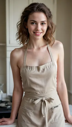 beautiful sexy slender young lady, hot sweaty pale white skin, kind soft, flirty eyes, flirty smirk slmile, rough tangled hair, apron over nude body