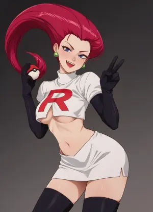 Markgavatino, neocoill, 3/4 sideview, leaning forward, arched back, maroon hair, (Jessie from Pokemon), solo, dark eyeshadow, black eyeliner, head tilt, big eyes, winking, (laughing:1.2), showing teeth, peace sign, peace, giant lips, (smug:1.4), ((holding pokeball high)), green earrings, sphereical earrings, stiff clothes, cloth shoulders, team rocket uniform, (Long magenta hair, gravity-defying hairstyle, enormous sculpted side-swept wave, exaggerated big volume, crescent-shaped hair, sharply tapered upward-curving tip), sleek glossy texture, standing, midriff, sagging breasts, medium breasts, visible high waisted thong, simple background, (wide hips:1.7), portrait, <lora:mk_Bp Anime_xl:2>, <lora:NEOTOKIOXL_0.2_RC:1>, 1girl, team, rocket, hair, slicked, back, red, navel, lipstick, white, croptop, skirt, thighhighs, high, black, boots, elbow, gloves, <lora:Jessie1024:.8>