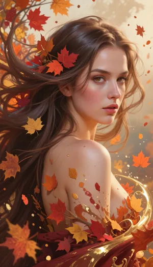 A stunning digital painting depicting a beautiful woman who embodies autumn, her long, flowing hair blends into a whirlwind of crimson, orange and golden leaves. A mystical, half-turned pose, deep, expressive hazel eyes. An elegant surrealist style, with watercolour splashes, golden halo lighting, cinematic fantasy art, masterpiece quality, dramatic contrast.