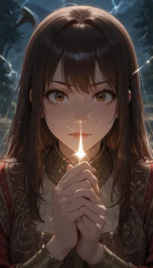 A young woman stands against a mountainous backdrop, with a forest visible in the distance, she is dressed in Viking attire, has long hair, and holds an axe in her hand. Lightning flashes in the sky, a close-up shot of her face, brunette