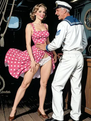 This is is a detailed a classical illustrative style depicts a scene set in 1950s, bright, colorful colors, very beautiful Russian married woman 40 years old noble light-brown elegant hairstyle, slender, wide hips, elicate noble facial features, Anna is dressed in pink polka dot summer sundress And brown shoes, stands in the dark sailors’ quarters on the ship, slightly smiling, Her legs are slightly apart, the wind blows her hem of the sundress, her white lace panties are visible, old man sailor in fully uniform, who is laughing, and hard paws her butt by his fingers both his hands, rear view, The overall mood is intense, rendered in fine, expressive line work and subtle shading, evoking the style of 1950s satirical or moralistic illustrations.