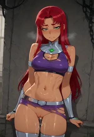 (Ratatatat74), (Starfire, petite, torn clothes, ashamed), solo, pussy dripping cum, (thick cum:1.5), <lora:ratatatat74-000050:2>