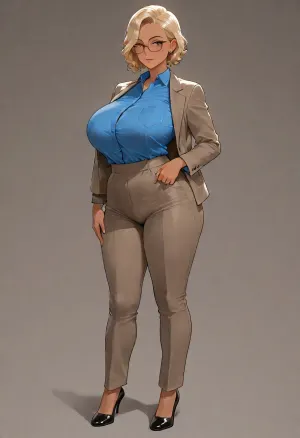 masterpiece, best quality, absurdres, newest, highres, very aesthetic, 1girl, solo, mature female, adult, blonde_hair, very_short_hair, curly_hair, brown_eyes, huge_breasts, tan, freckles, nipple_piercings, scar, collared_shirt, blue_shirt, pants, blazer, dress_shoes, glasses, clothes over underwear, (green_bra:.45), (green_panties:.45), (mesh:.4), fully clothed, underwear under clothes, standing, full body, looking at viewer, simple background, soft lighting, detailed face, detailed eyes