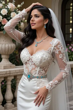 A true masterpiece, a breathtaking photograph capturing a dazzlingly beautiful bride on her wedding day. She has long, elegantly styled, dark, wavy hair. She stands in an expressive three-quarter pose, her gaze directed slightly upward and to the side, her face bears a soft, sincere, dreamy smile and a radiant, joyful expression. One hand rests elegantly on her hip, while the other is gracefully raised as the bride adjusts her semi-transparent veil. She wears a luxurious, form-fitting mermaid-style wedding dress, the bodice is adorned with textured lace featuring a floral print, and the skirt is made of thick white satin, the form-fitting sheer sleeves are embellished with magnificent guipure lace appliqués in the shape of flowers. The look is complemented by a delicate wedding sash, a central corsage brooch, and an elegant, exquisite necklace made of flawlessly cut aquamarine-colored crystals framed by silver filigree. In her ears are elegant, delicate drop earrings that match the necklace and sash. The bride’s skin is velvety-smooth, with a delicate, healthy glow and soft highlights. The scene unfolds on the semi-open terrace of a luxurious palace, where a large stone vase filled with blooming roses stands. In the softly blurred background, a blooming garden can be glimpsed, creating atmospheric depth, the entire space is bathed in the warm, natural light of the “golden hour”.