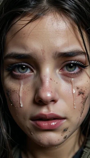 A young, innocent, and helpless face of a war girl. An extremely realistic, detailed photograph, large, highly intricate eyes reflecting emptiness, despair, indifference, emotional numbness, and pain. She is crying, with tears in her eyes and on her cheeks. A tight close-up on her face, captured as a professional studio portrait of the highest image quality. Professional multi-point lighting creates the appropriate atmosphere for the portrait. She has long black lashes and full, large lips. She appears young, her hair is disheveled, and her face is smudged with dirt. A front-facing shot with direct eye contact—she is looking straight into the viewer's eyes.