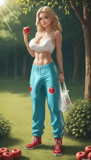 ultra-realistic, high-detail full-body photograph of a stunningly beautiful young busty curvy futa in her early 20s and a slender waist. She is posing playfully in a sunny apple orchard. She wears a tiny, tight-fitting red and white gingham print crop top with a plunging v-neckline that barely contains her massive breasts, causing them to spill out and creating deep, prominent cleavage. She also wears low-rise, baggy sweatpants, (bulge:1.2), her huge cock print clearly visible in sweatpants. She has long, wavy light blonde hair with a white lace bandana tied around her head. On her feet are dark blue knee-high rubber Wellington boots with white lace-trimmed socks peeking out from the top. She holds a clear plastic bag full of freshly picked red apples. The setting is a lush green orchard with small apple trees full of ripe red fruit, and fallen apples are scattered on the grass around her. The lighting is bright, direct sunlight on a clear day, casting soft shadows. The shot is taken from a medium distance, capturing her full figure and the pastoral background. Shot on a Canon EOS 5D Mark IV with an 85mm f/1.2L lens, sharp focus, vibrant colors, warm golden hour lighting, cinematic quality.