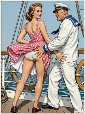 This is is a detailed a classical illustrative style depicts a scene set in 1950s, bright, colorful colors, very beautiful Russian married woman 40 years old noble light-brown elegant hairstyle, slender, wide hips, elicate noble facial features, Anna is dressed in pink polka dot summer sundress And brown shoes, she is stands in sailor's cabin on the ship, slightly smiling, Her legs are slightly apart, the wind blows her hem of the sundress, her white lace panties are visible, old man bosun in fully uniform, who is laughing, and hard paws her butt by his fingers both his hands, rear view, The overall mood is intense, rendered in fine, expressive line work and subtle shading, evoking the style of 1950s satirical or moralistic illustrations.