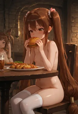 cute, young, short height, long brown hair tied in two pigtails, very long pigtails, three soft fox tails sways behind back, naked, mid thigh stockings, sitting, having dinner, eating, in a dungeon