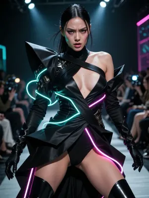 dynamic high-fashion full body shot of a striking Japanese female model in mid-action, capturing an unconventional avant-garde pose on a futuristic fashion runway. Her face expresses an intense, fierce emotional expression, full of energy and power. She wears a surreal, bizarre haute couture outfit featuring complex, heavily asymmetrical black garments with avant-garde deconstructed tailoring that completely distorts and transforms her body silhouette. Kinetic glowing neon fiber-optic cables are intertwined with the sharp black fabric, wrapping around her in geometric patterns. Sharp human anatomy and flawless natural skin with visible pores from head to toe. Her eyes are wide and captivating, showing intricate macro details of the luminous, multi-layered irises and realistic glossy reflections. Dramatic motion blur in the background with blurred silhouettes of the audience and camera flashes. High contrast runway lighting with deep shadows, neon cyan and hot pink rim lights striking the matte black fabric. Shot on 35mm lens, f/2.8, ultra-fast shutter speed for crystal clear sharpness on the model, 8k resolution, (cinematic masterpiece --ar 4:5), --style raw --v 6.0