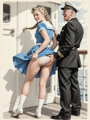 This is is a detailed monochromatic pencil drawing in a classical illustrative style depicts a scene set in 1950s, bright, colorful colors, bright sunshine, cute younger blonde elegant a hairstyle with a long, wide braid 20 yo student noble woman in blue summer sundress, white knee socks And shoes stands in sailor's cabin on the ship, slightly smiling, Her legs are slightly apart, the wind blows her hem of the sundress, her white lace panties are visible, old man bosun in fully uniform, who is laughing, and hard paws her butt by his fingers both his hands, rear view, The overall mood is intense, rendered in fine, expressive line work and subtle shading, evoking the style of 1950s satirical or moralistic illustrations.