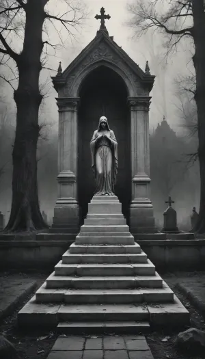 Gothic, Cemetery, graves, White Marble Tomb, Black, and, white, art, black, pencil, shading, charcoal, drawing, toned, paper, brutal, dark, b/w, color, scheme, <lora:Black and white art.V1:.8>