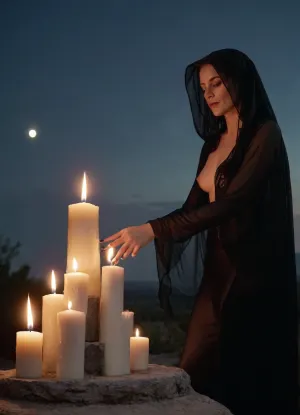 Night scene, under full moon. 49yo woman in black veil dances on a tombstone, among candles. She is fully naked, her lips, fingernails and toenails are painted black. Her eyes are closed, mouth open. Profile view.