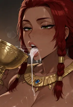 (Ratatatat74), (Amazoness, muscular), solo, cum drinking, cum in goblet, gokkun, thick cum, cum in mouth, close-up, <lora:ratatatat74-000050:2>