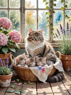 A beautiful masterpiece of pure fluid watercolor art, genuine traditional painting style on highly textured rough cotton paper. Full shot capturing an adorable cat family, a fluffy mother cat and her three tiny, sleeping newborn kittens cozying up together inside a vintage wicker basket. The setting is a sun-drenched old wooden botanical greenhouse, surrounded by hand-painted clay pots with soft blooming pink hydrangeas, lavender, and trailing green ivy leaves. The coloring showcases spectacular wet-on-wet watercolor techniques, with beautiful spontaneous color bleeds, translucent paint washes, and delicate splatters. The kitten's fur is rendered with a soft, fuzzy watercolor texture. Soft light-blue and golden sunlight filters through the semi-transparent watercolor-washed glass windows of the greenhouse, creating a serene, peaceful and cozy atmosphere. Sharp artistic pencil sketch lines are subtly visible beneath the paint, emphasizing the raw handmade craftsmanship, zero digital appearance.