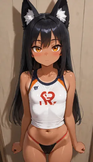 1girl, petite build, flat chest, tanned skin, long straight hair, black hair, orange eyes, black fox ears, anime style, detailed shading, curious face, sport top, beautiful eyes, looking at viewer, flushed cheeks, blushing, 3/4 body view, sport thong, standing, hands on sides