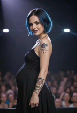 Realistic, 45 year old, gothic dresses, black-blue hair, very short hair, black makeup, purple lipstick, tattoos, piercings, (concert, sexy smile), (pregnant:.8), side view