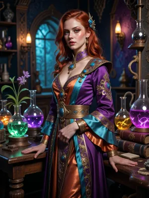 A gorgeous female alchemist in a colorful vintage laboratory. Redhead hair, with metallic copper makeup. She wears an ornate alchemist robe featuring the same color palette. The old wooden tables are filled with colorful glass flasks, glowing non-neon liquids, rare glowing plants, and old leather books completely integrated into the violet, turquoise, and copper scheme. Mystical atmosphere, enhanced realistic details, 8k.
