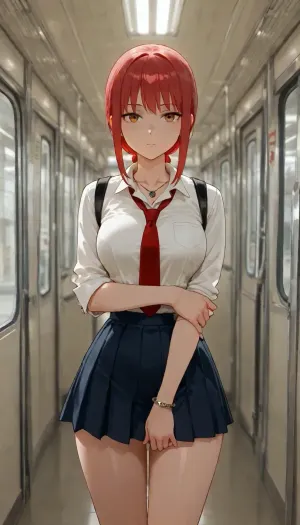 makima, curious face, school uniform, heavy jewelry, anime style, detailed shading, in a metro, medium breasts, short skirt, necklace, thin bracelet