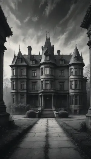 Wayne Manor., Black, and, white, art, black, pencil, shading, charcoal, drawing, toned, paper, brutal, dark, b/w, color, scheme, <lora:Black and white art.V1:.8>