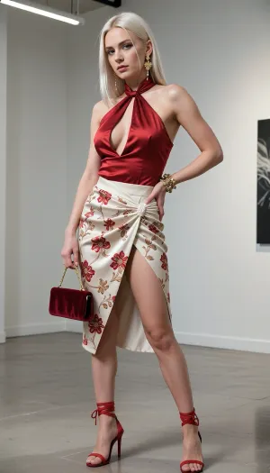 masterpiece, best quality, photorealistic, hyper-realistic, 34yo adult female, Eastern European Slavic descent, sharp angular face, high protruding cheekbones, narrow jawline, cold hooded icy blue eyes, thin arched eyebrows, slight sneer on one side of the mouth, thin pale lips with matte nude lipstick, faint dark circles under the eyes, subtle skin texture with tiny pores and a small mole near the chin, porcelain skin with cool undertones, standing with a rigid posture, chin tilted upwards looking down at the viewer with a condescending gaze, one hand on hip, expression of boredom and arrogance, slight asymmetry in the shoulders, platinum blonde hair, sleek straight bob cut, sharp symmetrical lines, high-gloss finish, one strand tucked behind the ear, deep red satin halter top with a plunging neckline and a bow tied at the neck, high-waisted cream satin wrap skirt featuring a red and gold floral pattern and a deep thigh-high slit, red satin strappy high-heel sandals with lace-up ankle ties, gold floral drop earrings with small pearls, gold floral cuff bracelet, holding a red velvet rectangular clutch with a gold chain, minimalist modern art gallery, stark white walls, polished concrete floor, cold overhead studio lighting, harsh shadows creating high contrast, sterile atmosphere, 8k resolution, 50mm lens, sharp focus, high contrast, professional high-fashion photography, cinematic color grading with desaturated cool tones