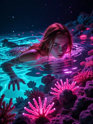 A beautiful redhead woman swimming in a surreal neon ocean at night. The water waves and coral reefs glow intensely with extreme bioluminescence in hot pink, cyan, and deep violet. Dreamlike underwater photography, bright glowing light sources, ultra-detailed.
