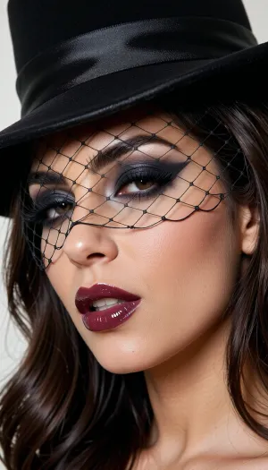 masterpiece, best quality, hyper-realistic 8k photography, 29yo adult female, Middle Eastern descent, extreme close-up portrait, predatory half-lidded gaze, chin tilted up, smug and cold expression, extreme aggressive high-glam makeup, oversized charcoal black winged eyeliner, deep burgundy overdrawn lips with blinding high-shine wet gloss, voluminous espresso brown hair under a high-gloss black silk-satin wide-brimmed hat, a delicate black birdcage veil partially obscuring her eyes and lips, creating a mysterious and arrogant allure, stark high-contrast studio lighting, sharp focus on the eyes behind the veil and the glistening gloss of the lips, 85mm lens, f/1.8, shallow depth of field, extreme detail on skin pores and the fine mesh of the veil.