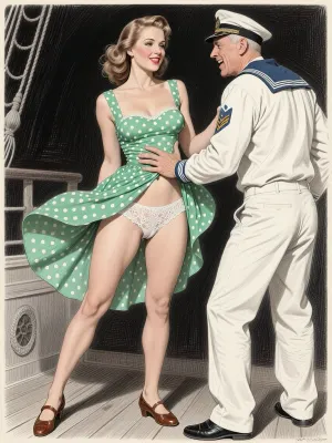 This is is a detailed monochromatic pencil drawing in a classical illustrative style depicts a scene set in 1950s, bright, colorful colors, very beautiful Russian married woman 40 years old noble light-brown elegant hairstyle, slender, wide hips, elicate noble facial features, Anna is dressed in green polka dot summer sundress And brown shoes, stands in the dark sailors’ quarters on the ship, slightly smiling, Her legs are slightly apart, the wind blows her hem of the sundress, her white lace panties are visible, old man sailor in fully uniform, who is laughing, and hard paws her butt by his fingers both his hands, rear view, The overall mood is intense, rendered in fine, expressive line work and subtle shading, evoking the style of 1950s satirical or moralistic illustrations.