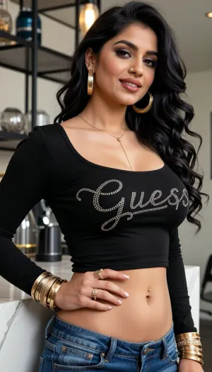An Indian baddie. Petite very narrow thin waisted busty Indian woman with a generous very full large breasts, long curly black hair, long fake eyelashes, brown lipstick. Natural realistic round face, high cheekbones .She wears a tight long sleeve scoop neck, cleavage, black shirt embossed with rhinestones spelling out “GUESS” in script font, that shows midriff and fitted, worn, low waisted denim jeans. . Many Thin gold wrist bangles. Rings. Nose ring. Large chunky gold hoop earrings.Naval piercing. Thin elegant gold belly chain. Warm naughty inviting smile. One hand on hip. Low angle. Close up. Natural daylight. In a trendy modern cafe