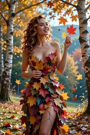 A realistic, three-quarter-length close-up photograph. A young woman stands in the heart of autumn, her hair is a cascade of copper curls catching the light of the "golden hour, " and a joyful spark gleams in her eyes as she gazes up at the rustling foliage above. She wears an artful dress fashioned from layers of freshly fallen leaves—vibrant scarlet, amber, and deep olive—which partially reveals her beautiful bosom and features a high slit on one side, exposing her bare skin. The textures of veins and bark are rendered through thick, impressionistic oil-paint strokes. Her pose is relaxed yet dynamic, with one hand, she cradles a cluster of bright maple leaves, while the other lightly touches a swirl of foliage that seems suspended in mid-air, caught by a playful breeze. In the foreground, the grass is blanketed by a carpet of crisp, multicolored leaves, their edges catch the warm light, casting soft, elongated shadows that frame the woman’s figure. In the mid-ground rises a forest of birch and oak trees—their trunks painted with bold, visible strokes of ochre and cadmium yellow—while the canopy above transforms into a mosaic of turquoise and amber tones, shimmering in the rays of the setting sun. The background dissolves into a misty haze, distant hills merge with the sky, wrapped in a cool, ethereal veil where tiny glints of light sparkle like dust motes. The entire scene is bathed in soft, golden sunlight. The rays of light touch the woman's cheek and the glossy surface of her leafy dress, giving it a warm copper sheen that contrasts beautifully with the cool blues of the foliage. A light autumn breeze rustles the leaves, creating a sense of movement that is almost tangible, while the fresh scent of pine and earth fills the air. The composition follows the rule of thirds, the woman is positioned slightly off-center, while the tree trunks form leading lines that lead the viewer's eye directly to her beaming smile. The image looks as if it were photographed with an 85mm lens at f/1.4, the shallow depth of field transforms the trees in the background into a soft, creamy bokeh, while the detailed leafy dress remains perfectly sharp, and the brushstrokes themselves appear like the textured layers of an oil painting. The overall palette is bright, rich in saturated colors, and the mood is joyful and energetic. It seems to invite the viewer to share in this boisterous celebration of autumn gifts.