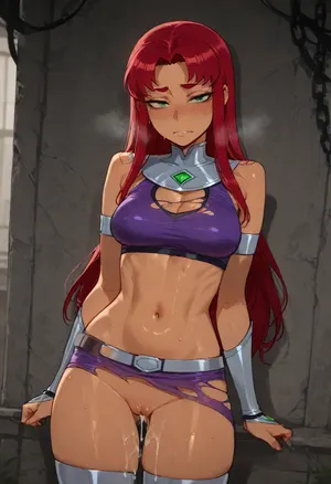 (Ratatatat74), (Starfire, petite, torn clothes, ashamed), solo, pussy dripping cum, (thick cum:1.5), <lora:ratatatat74-000050:2>