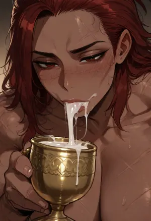 (Ratatatat74), (Amazoness, muscular, scars), solo, cum drinking, cum in goblet, gokkun, thick cum, cum in mouth, close-up, <lora:ratatatat74-000050:2>