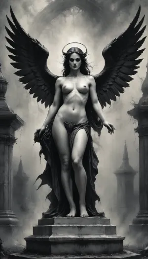 Gothic, Cemetery, graves, White Marble Tomb, Nude Angel Statue.., Black, and, white, art, black, pencil, shading, charcoal, drawing, toned, paper, brutal, Nude Angel Statue, dark, b/w, color, scheme, <lora:Black and white art.V1:.8>