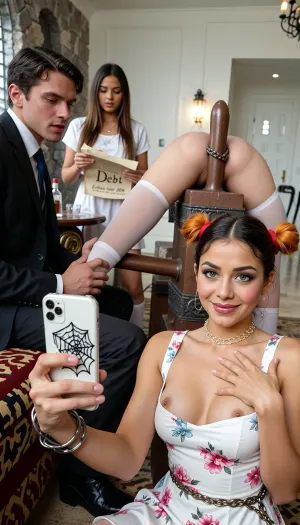 🐰🔝💔🕸️, 22 years old Mexican-american woman, taking a selfie, wearing white floral dress, white and pale skin, slim nose, brown hair, small sagging breasts, robust body, embarrassed smile, round face, minimalist white luxury room, lipsticks, big grey eyes, smooth glowing skin, soft facial features, large bright green eyes, glossy lips, faint blush, slut expression. She has short bright orange twin tails, accurate anatomy, Girl2, (beautiful girl age, (13.5), model in full growth, blue eyes, blond hair, petite body, small tits, flat chest, slut, provocative face, pretty youthful face), to be a dungeon or prison cell, characterized by rough stone walls and heavy, utilitarian furnishings. On the left side of the image, a man is seated on a large, patterned cushion or rug. He is dressed in a suit and is leaning forward, in a gesture of interest and curiosity. He is looking at the woman in the middle. Behind him, a woman with long, straight hair stands, holding a scroll of paper with the word "Debt" in an ancient font. She is dressed in a simple, short-sleeved dress with stockings and appears to be observing the man with a calm, perhaps detached, expression. A small table beside her holds a bottle and a glass, suggesting a scene of indulgence or celebration that contrasts sharply with the man’s curiosity, In the center of the composition, another woman is depicted in a state of extreme emotional distress. She is standing over a wooden bench or block, legs spread wide, her body contorted. she lowering herself onto a wooden dildo, attached on top of the bench, pushing it deep inside her vagina. the dildo is betrween her legs. Her face is twisted in anguish, with tears streaming down her cheeks. Her hair is styled in a short, curly bob, and she wears white stockings with a necklace. Her hands are bound with rope or chains, and she appears to be in a state of helplessness or torment. Her posture and expression convey intense suffering, On the right side of the image, a third woman is bound and gagged. She is kneeling on the floor, her wrists and ankles tied with thick rope. Her head is bowed, and her long hair falls over her face, obscuring her expression. She is restrained to a wooden post or pillar with chains, suggesting she is being held captive or punished. The chains and ropes are detailed with careful shading, emphasizing the severity of her confinement, The background consists of rough, uneven stone walls, with visible mortar lines and a metal ring or hook embedded in the wall. The floor is bare stone, and the overall lighting is dim, with shadows cast by the figures and objects, enhancing the somber and oppressive mood of the scene. The artist has used shading and line work to create depth and texture, particularly in the stone walls and the clothing of the figures. The overall composition, CUM, DONATION, ASSISTANCE, FELLATIO, TITS, SEX, HANDJOB, FOOTJOB, AFTER, VAGINAL
