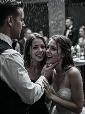 Two very drunk 22 years old women giggle and nervously flirts shyly to the handsome waiter away from the wedding reception, perfect teeth, wedding party in the blurred background. various perspectives, FRESHIDEAS, Real, Photography, 2#, Black, and, white, art, black, shading, charcoal, toned, brutal, dark, b/w, color, scheme, texture, photorealistic, hvrn, heavy, rain