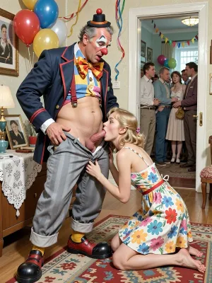 This is a detailed a classical illustrative style depicts a scene set in USSR in 1950s, in the living room of a Soviet apartment, in the immediate foreground, is a detailed male clown—50 years old—wearing a full clown costume, complete with oversized shoes, unbuttoned trousers, a jacket, suspenders, a colorful shirt, an exaggeratedly large bow tie, a red nose, and a tiny hat. He is receiving oral sex from a sweet, blonde neighbor girl. The cute girl is kneeling before the clown with his trousers unzipped, taking his erect penis deep into her mouth. She wears a lovely summer dress with a colorful floral print and thin straps, she has a delicate, slender build and a very flat chest. Because they are positioned prominently in the extreme foreground, both the girl and the clown are rendered in high detail, capturing nuanced facial expressions and intricate textures of fabric and skin. her family photos are on the bedside table.A private party decorated with balloons, streamers, with many neighbors can be seen in the background through the open door.retro, full body view. The overall mood is intense, rendered in fine, expressive line work and subtle shading, evoking the style of 1950s satirical or moralistic illustrations.