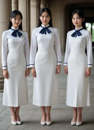 best quality, masterpiece, photorealistic. Three cute japanese girls, standing in a single row. five girls is evenly spaced, long black hair, bare head, no hair accessories, beautiful features, and smiling expressions. white one piece long dress, vietnamese "áo dài" dress, straight cut, narrow column silhouette, the skirt falls straight down, no flare at the hem, long sleeves, plain white cuffs without trim, high mandarin collar, solid navy blue collar band only, the cuffs hem and skirt are pure white with no trim, open side slits from the hip down to the hem, the slits are clearly cut open, bare legs, plain white pointed toe pumps without ankle straps, full body, long stone colonnade, repeated stone arches, gray tile floor, soft daylight She is neither Western nor Chinese and Korean.