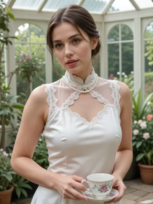 masterpiece, best quality, hyper-realistic, 8k resolution, 32yo adult female, heart-shaped face, minimal natural makeup, soft pink lip gloss, clear skin, innocent expression, plus-size hourglass figure, wearing a modest high-neck white silk tea dress with delicate lace trim, pearl necklace, soft morning sunlight filtering through a conservatory window, lush green garden background, holding a porcelain teacup, soft focus, 50mm lens, airy atmosphere, pastel color palette, elegant and pristine.