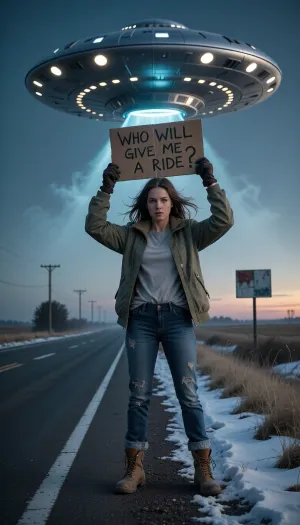 High realistic 8k Cinema Poster crystal-clear, ultra-sharp IMAX quality photograph of A adult beauty USA green eyes female hitchhiker stands alone beside in winter an empty country road at twilight, rendered in realistic, cinematic science-fiction style. wind-tousled hair, loneliness, and longing. Upright but subtly tense, she raises both arms to display a roughly hand-lettered cardboard sign, “WHO WILL GIVE ME A RIDE?” enormous saucer-shaped UFO overhead. She wears Gloves, a practical muted-earth-tone jacket over a plain shirt, worn jeans, and scuffed boots, dusty hems, creased fabric, and road grit add tactile realism. The smooth silver-metal craft dominates the sky, its ring of glowing windows casting a pale-cyan beam through thin, drifting mist. Compose as a wide shot from a low roadside angle, converging asphalt lines guiding the eye from the woman to the hovering spacecraft. Dark open fields, wind-stirred grass, distant telephone poles, and a faded road sign emphasize rural isolation. Cool indigo shadows and eerie silver-cyan light contrast with a narrow warm glow on the horizon. Crisp textures, atmospheric realism, vintage UFO folklore, cinematic lighting, quietly surreal suspense, shot on 70mm film, Hasselblad camera, impeccable anatomy, perfect proportions, natural knuckle proportions, relaxed five-fingered hands, correct finger length, detailed skin texture, extreme detail, 8k resolution, photorealistic, flawless skin texture, crisp focus face and ufo