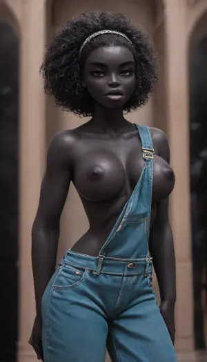 Neocoill, innv style, Cel-shaded, inked lineart, (bold outline:1.3), limited color palette, masterpiece, shallow depth of field, 85mm lens, ((solo female)), beautiful, athletic, (African female:1.6), (African top model:1.5), ((woman has deep black skin, black as coal:1.8)), ((large lips:1.7)), ((puffy lips:1.7)), ((wide, flat nose:1.8)), ((frizzy brunette hair tied back in a hair band)), ((tight large breasts)), ((topless)), (overalls dungarees:1.6), ((master bedroom inside a palace)), direct eye contact, warm glow, cinematic atmosphere, Dreamyvibes, Artstyle, <lora:mk_Bp Anime_xl:1.2>, <lora:lineartSDXL:2>, <lora:Dreamyvibes artstyle SDXL - Trigger with dreamyvibes artstyle:.8>, <lora:Spider-Gwen:2>, <lora:Lip_Gloss_sexy_lips_by_DarkEffect:.8>